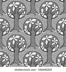 Seamless pattern, vector hand drawn repeating illustration, decorative ornamental stylized endless trees. Colorful abstract background, seamles graphic illustration Artistic line drawing silhouette..