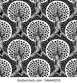 Seamless pattern, vector hand drawn repeating illustration, decorative ornamental stylized endless trees. Colorful abstract background, seamles graphic illustration Artistic line drawing silhouette..