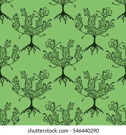 Seamless pattern, vector hand drawn repeating illustration, decorative ornamental stylized endless trees. Colorful abstract background, seamles graphic illustration Artistic line drawing silhouette..