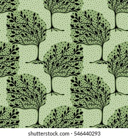 Seamless pattern, vector hand drawn repeating illustration, decorative ornamental stylized endless trees. Colorful abstract background, seamles graphic illustration Artistic line drawing silhouette..