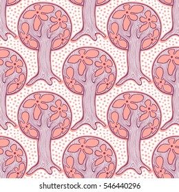 Seamless pattern, vector hand drawn repeating illustration, decorative ornamental stylized endless trees. Colorful abstract background, seamles graphic illustration Artistic line drawing silhouette..