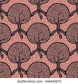 Seamless pattern, vector hand drawn repeating illustration, decorative ornamental stylized endless trees. Colorful abstract background, seamles graphic illustration Artistic line drawing silhouette..