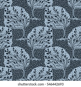 Seamless pattern, vector hand drawn repeating illustration, decorative ornamental stylized endless trees. Colorful abstract background, seamles graphic illustration Artistic line drawing silhouette..