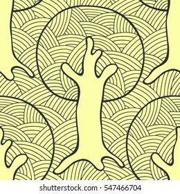 Seamless pattern, vector hand drawn repeating illustration, decorative ornamental stylized endless trees. Colorful abstract background, seamles graphic illustration Artistic line drawing silhouette.