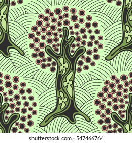 Seamless pattern, vector hand drawn repeating illustration, decorative ornamental stylized endless trees. Colorful abstract background, seamles graphic illustration Artistic line drawing silhouette.