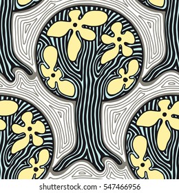 Seamless pattern, vector hand drawn repeating illustration, decorative ornamental stylized endless trees. Colorful abstract background, seamles graphic illustration Artistic line drawing silhouette.