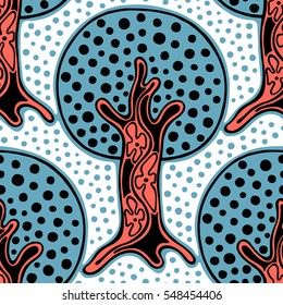Seamless pattern, vector hand drawn repeating illustration, decorative ornamental stylized endless trees. Colorful abstract background, graphic illustration Artistic line drawing silhouette..