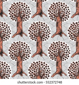 Seamless pattern, vector hand drawn repeating illustration, decorative ornamental stylized endless trees. Colorful abstract background, seamles graphic illustration Artistic line drawing silhouette