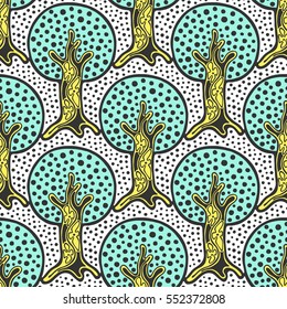 Seamless pattern, vector hand drawn repeating illustration, decorative ornamental stylized endless trees. Colorful abstract background, seamles graphic illustration Artistic line drawing silhouette
