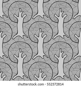 Seamless pattern, vector hand drawn repeating illustration, decorative ornamental stylized endless trees. Colorful abstract background, seamles graphic illustration Artistic line drawing silhouette