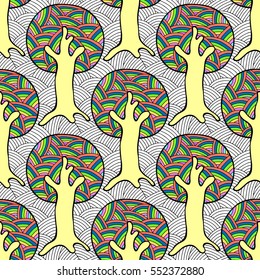 Seamless pattern, vector hand drawn repeating illustration, decorative ornamental stylized endless trees. Colorful abstract background, seamles graphic illustration Artistic line drawing silhouette