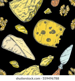 Seamless pattern with Vector hand drawn cheeses, walnuts and knife. Parmesan. Illustration in art style, engraving. Vintage colorful design for cloth, wrapping paper, background.