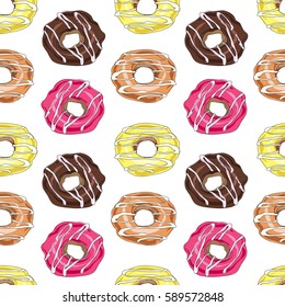 Seamless pattern with vector hand drawn donuts. Chocolate, caramel, strawberry and banana donut. 