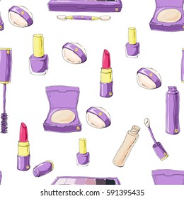 Seamless pattern with vector hand drawn doodle  makeup products: concealer, powder, eyeshadow, mascara, lipstick, nail polish. Isolated line elements on white background.