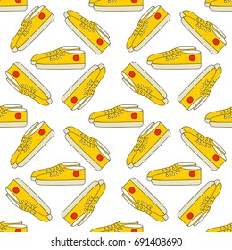 Seamless pattern vector hand drawn doodle teenager sneakers, bright yellow red, random order, repeatable, wallpaper, fabric, gift wrapping, quilting