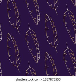 Seamless pattern in vector with hand drown gold feathers in doodle style. 