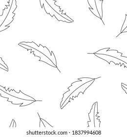 Seamless pattern in vector with hand drown feathers in doodle style. Black and white design.