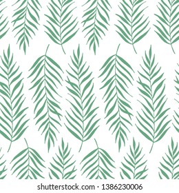 Seamless pattern. Vector hand illustration. Modern palm leaves. Design composition with typography elements. Perfect for print design for textile, poster, greeting card, scrapbooking, wrapping paper
