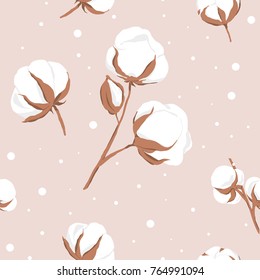 seamless pattern . vector handdrawn cotton flowers with white dots on pink background