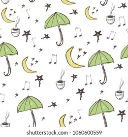 Seamless pattern with vector hand-drawn elements of umbrella, moon, coffee, music, moon and stars.
