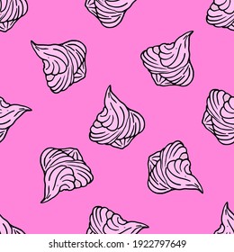 Seamless pattern vector hand-drawn meringue in pink with a black outline on a pink background .the contours of the sweet meringue-in pink colors for the menu backgrounds and square format template 