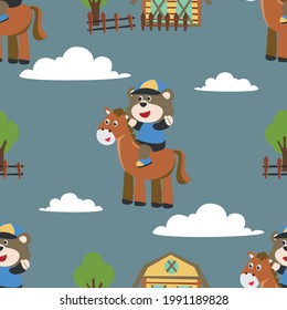Seamless pattern vector of happy cute bear riding cute horse. For fabric textile, nursery, baby clothes, background, textile, wrapping paper and other decoration.