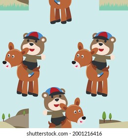 Seamless pattern vector of happy cute bear riding cute donkey. For fabric textile, nursery, baby clothes, background, textile, wrapping paper and other decoration.
