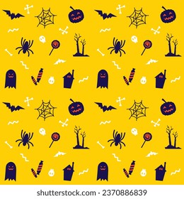 Vector de patrón sin foco Feliz Halloween. Calabazas, murciélagos, arañas, caramelos de fondo amarillo
