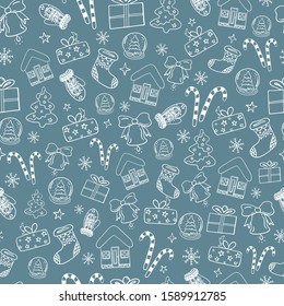 Seamless pattern vector with Happy New Year and Christmas hand drawn doodle icons for design cards, invitations, wallpaper, wrapping paper. Christmas tree, glass snowball, snowflakes, bells and more.