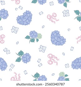 Seamless Pattern of Vector  Heart Hydrangeas. Art work for textile, wallpaper, fabric and so on. You can change the background color from the EPS file.