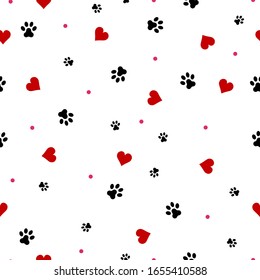 Seamless pattern vector with hearts and dog footprint. 