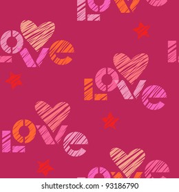 Seamless pattern in vector with hearts, stars and lettering made using stencil. Vintage romantic dark red background Valentines Day's and wedding with text - love.