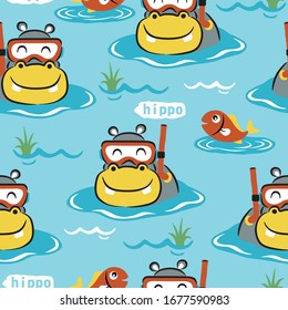 seamless pattern vector of hippo cartoon wearing diving mask with a little fish