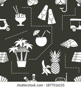 Seamless pattern vector Holiday Vacation Travel illustrations. Summer Sea Cruise Adventure: Tuk-tuk, palm tree, mask, snorkel, flippers, herbal pouches for massage, shell, pineapple, banana, cocktail