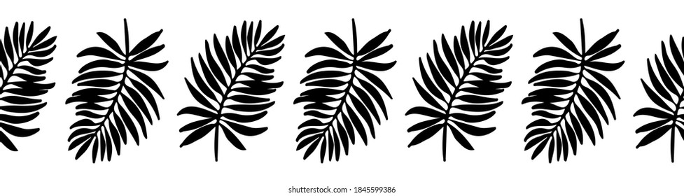 Patrón sin foco. Borde horizontal vectorial para diseño y decoración. Conjunto vectorial de siluetas negras de hojas tropicales. Brisa horizontal de hojas de palma exóticas aisladas en un fondo blanco.