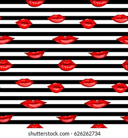 Seamless pattern vector. Horizontal stripes with sweet lips) Can use for teen clothes. Black, red, white.