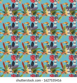 Seamless pattern vector hornbill in the forest