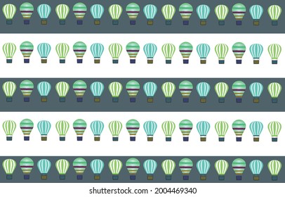 Seamless pattern vector. Hot air balloon with basket on sky background ​in green pastel style