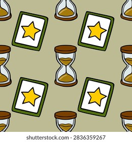 Seamless pattern with vector hourglass and star game card icons on a muted background