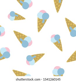Seamless pattern in vector. Ice cream waffle cones are randomly scattered on a white background. Three balls of ice cream in a waffle cone.