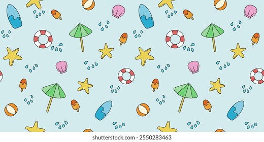 Seamless pattern vector of ice cream , rubber, starfish , shells, umbrella  and watermelon in the beach. holiday 