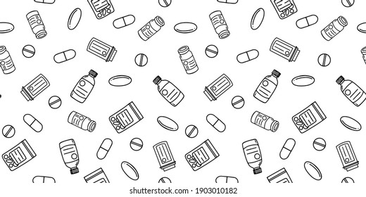 fondo vectorial sin fisuras del fondo de las píldoras de medicina, cápsula, frasco, botella de vacuna.