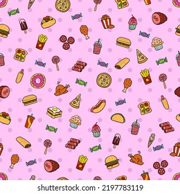 Seamless pattern vector icons fast food in a flat style that depicts hot dog, sausage, pizza, burger, chicken grill, sandwich, fries, drinks, sausage, charm, on a pink background.