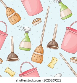 Seamless pattern with vector icons of house cleaning, washing and freshness. Cartoon bottles of detergent, mops, washcloths, sponges and brooms.