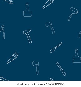 Seamless pattern of vector icons on blue background for web stores, scrapbooking, bullet journals, blogging, etc. Simple tools related vector icons.