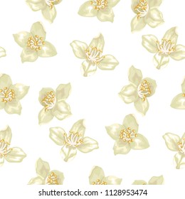 Seamless pattern in vector illustation with jasmine flowers in realistic style for textile and print design