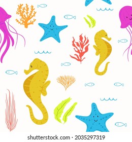 seamless pattern. vector Illustration about sea animals. line art and flat style. best for wallpapers, decorations, fabric, textile, digital printing, backgrounds, element, asset design, branding
