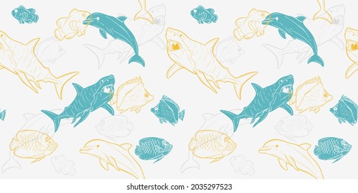 seamless pattern. vector Illustration about sea animals. line art and flat style. best for wallpapers, decorations, fabric, digital printing, backgrounds, element, asset design, brand identity