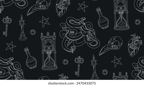 Seamless pattern. Vector illustration. Alchemical elements. Mystical pattern. Gothic ornament.