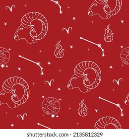 Seamless pattern. Vector illustration. Aries constellation. Aries zodiac sign. Horoscope, star, planet and element. 